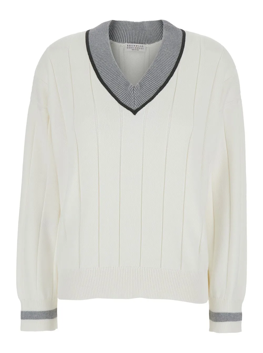 Weißes T-Shirt mit V-Ausschnitt und Monil-Detail am Kragen aus Baumwolle Damen