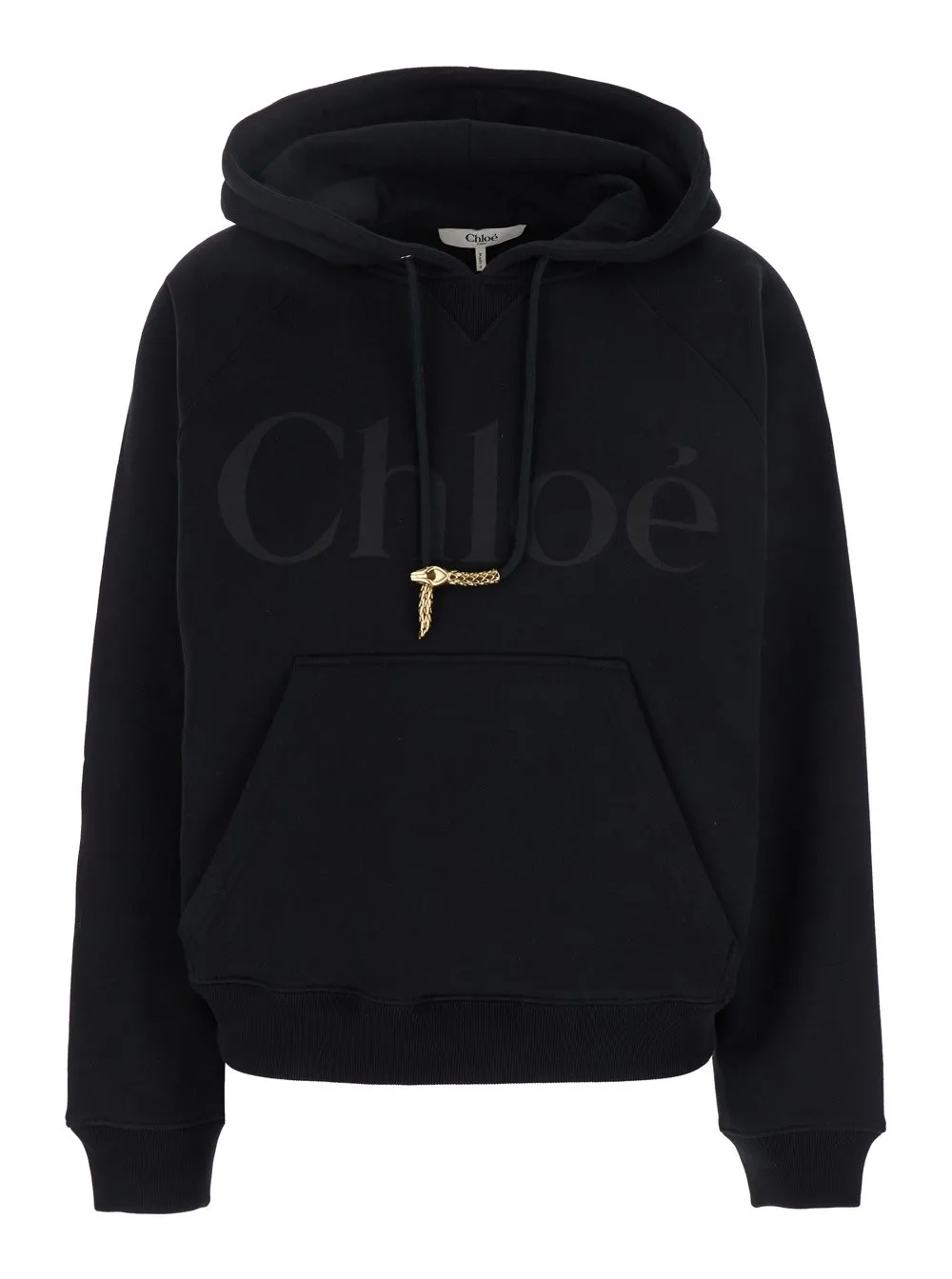 Schwarzer Kapuzenpullover mit Logo-Schriftzug auf der Vorderseite und metallischem Anhänger-Detail aus Baumwolle Damen