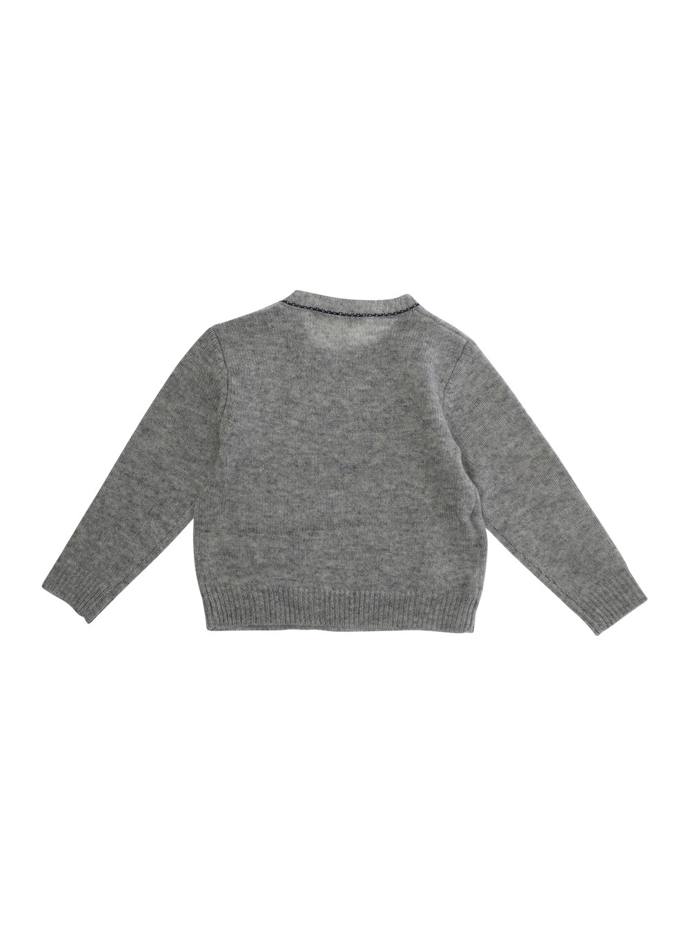 Grauer Pullover mit Rundhalsausschnitt und Logoschriftzug vorne aus Wolle Baby