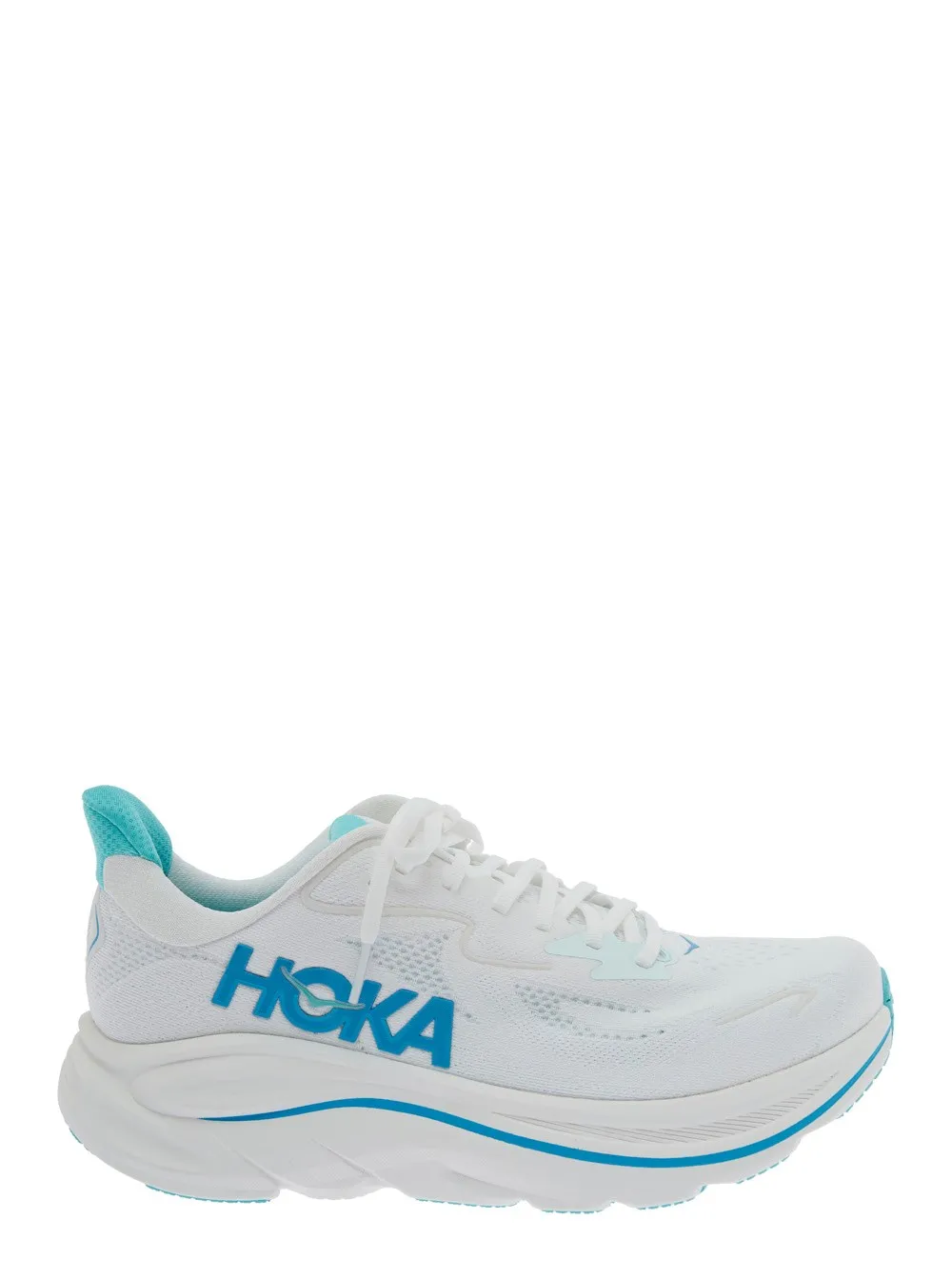 Weiße Low-Top-Sneakers "Clifton 10" mit Logo-Schriftzug seitlich und Logo-Aufnäher auf der Zunge aus Tech-Stoff Unisex