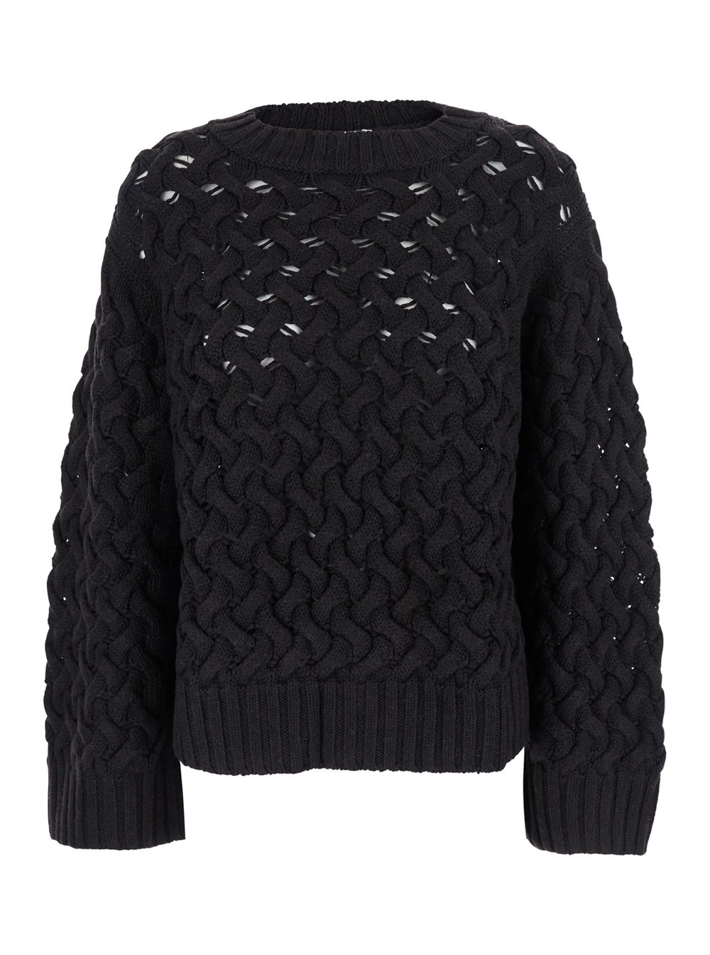 Dunkelbrauner Pullover mit Rundhalsausschnitt, gerippten Verzierungen und geflochtenem Design aus Wolle Damen