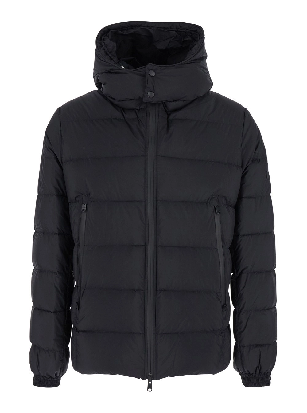 Schwarze Daunenjacke "Borbore" mit Kapuze und Logoaufnäher an der Seite aus technischem Stoff Herren