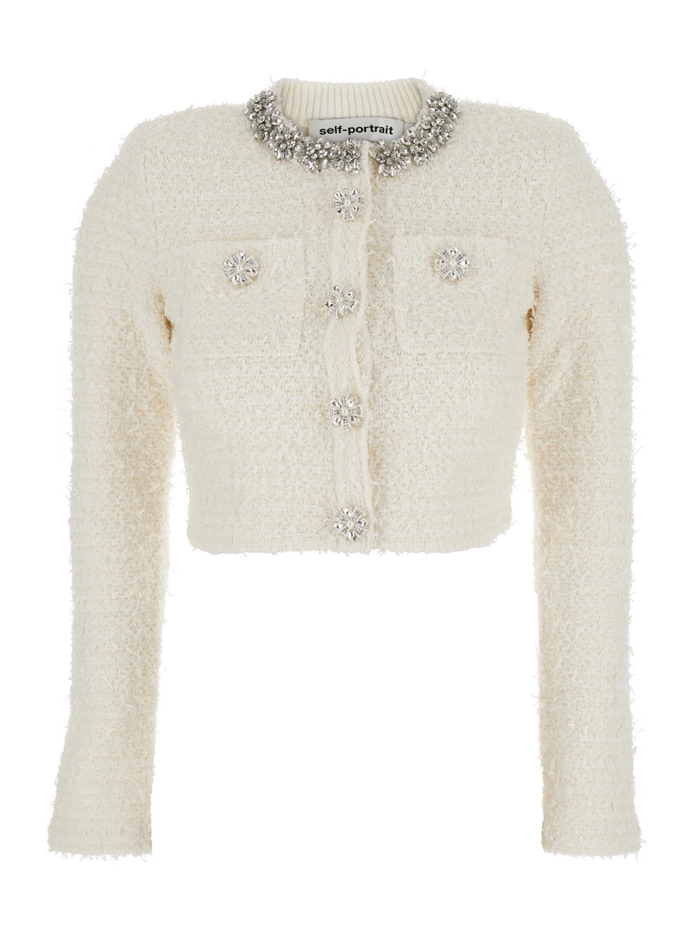 Cropped-Cardigan für Damen aus Baumwollmischung in Weiß mit Rundhalsausschnitt und Kristallverzierungen am Kragen