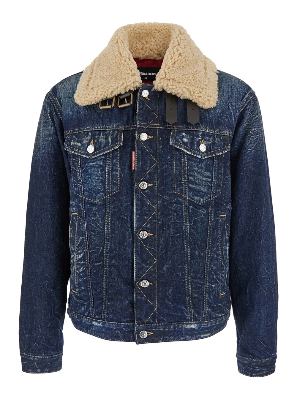 Blaue Jacke mit Pelzkragen mit Gürtel aus Denim Herren
