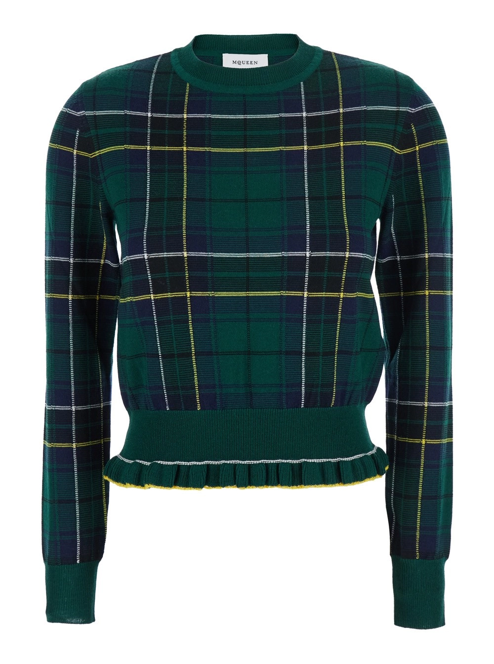 Grüner Pullover mit Rundhalsausschnitt, Tartan-Muster und Fransensaum aus Wolle Damen