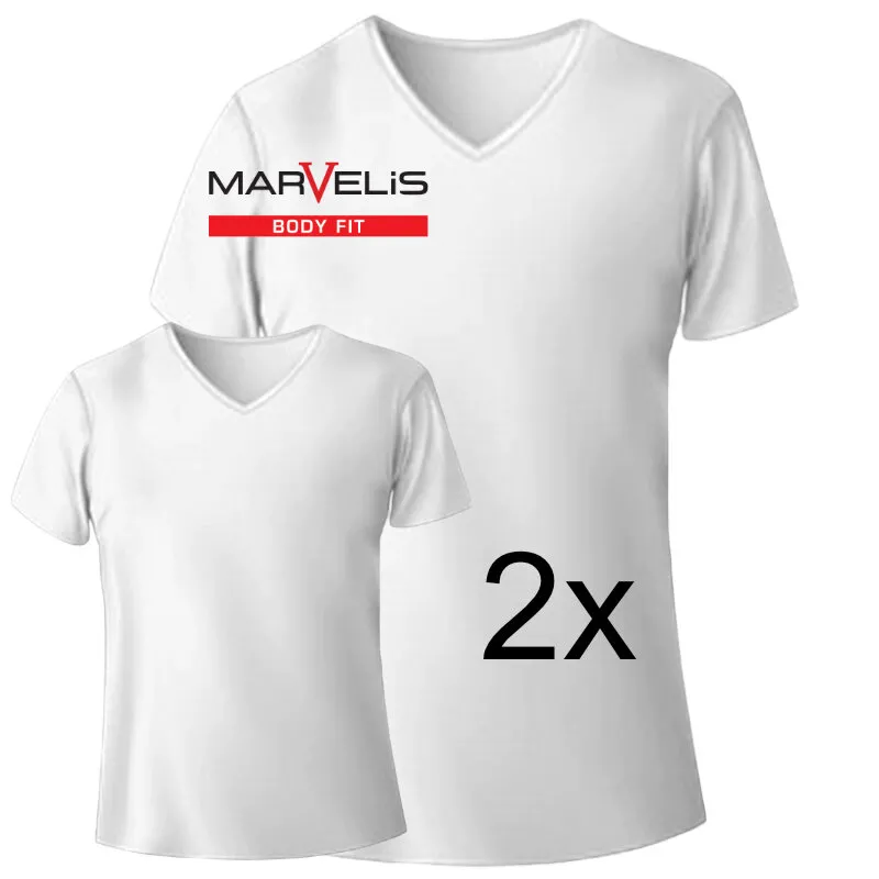 MARVELIS T-Shirt BODY FIT weiß mit V-Ausschnitt (2er Pack) (XL)