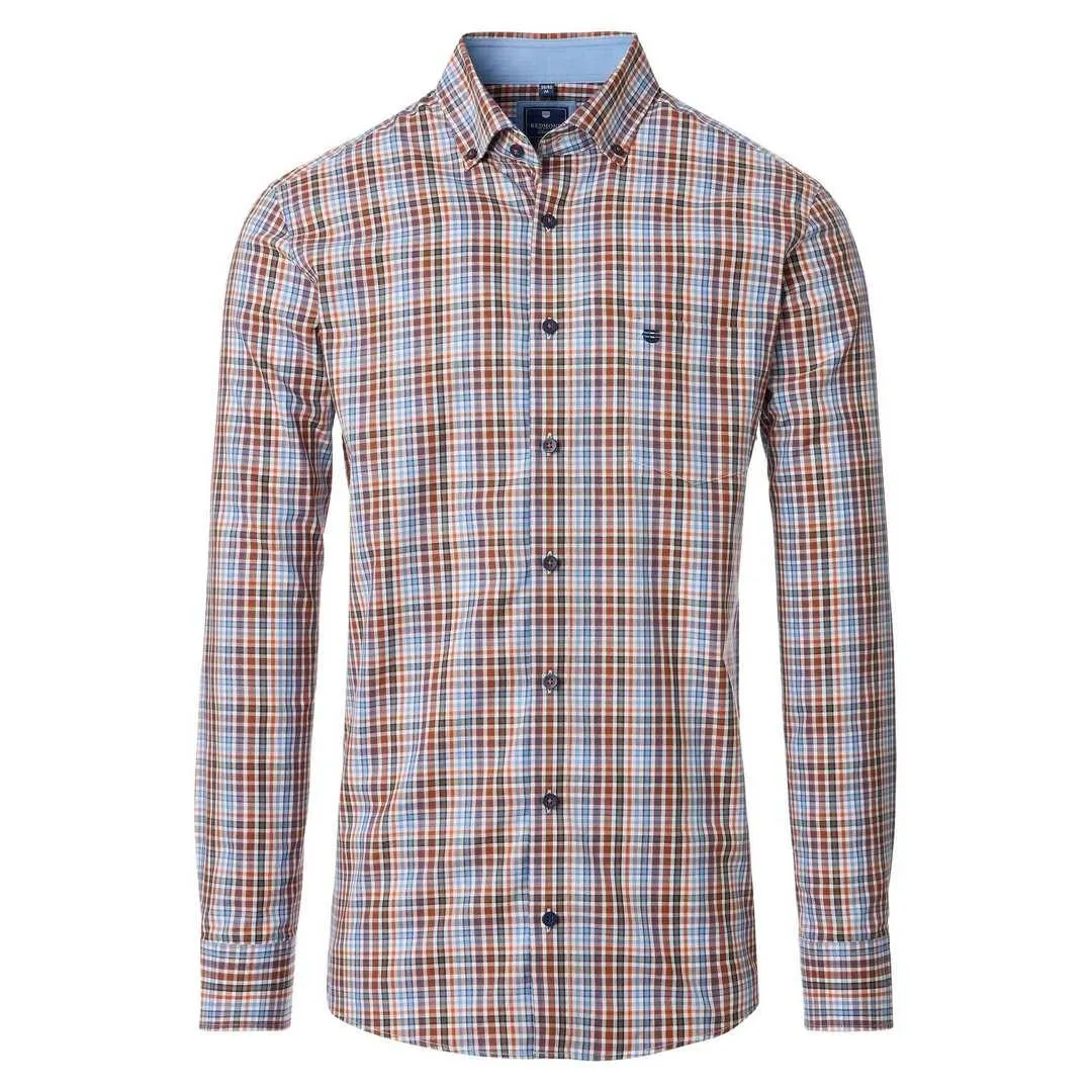 Redmond Herren Hemd langarm Comfort Fit blau orange kariert 252005111 210